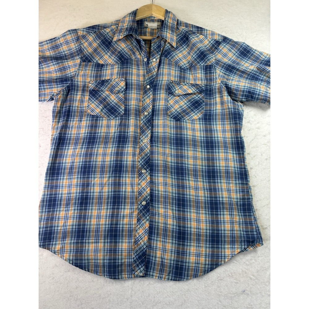 Vintage Wranger Rancher Pearl Snap Plaid Shirt Men's Med Blue/Org Western Sh/Sl